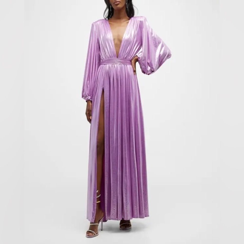NWOT BRONX AND BANCO Zoe Metallic Blouson-Sleeve Elegant Purple Evening Gown - Picture 2 of 13